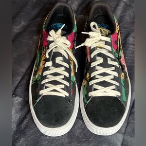 Puma Black Suede Sneakers with Floral Panels and Cream Laces